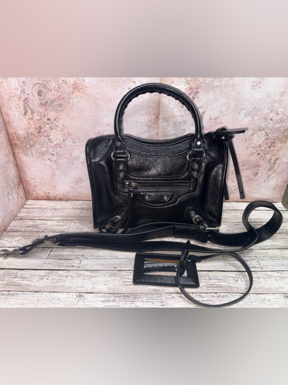 Classic Black Leather Satchel Handbag with Detachable Strap